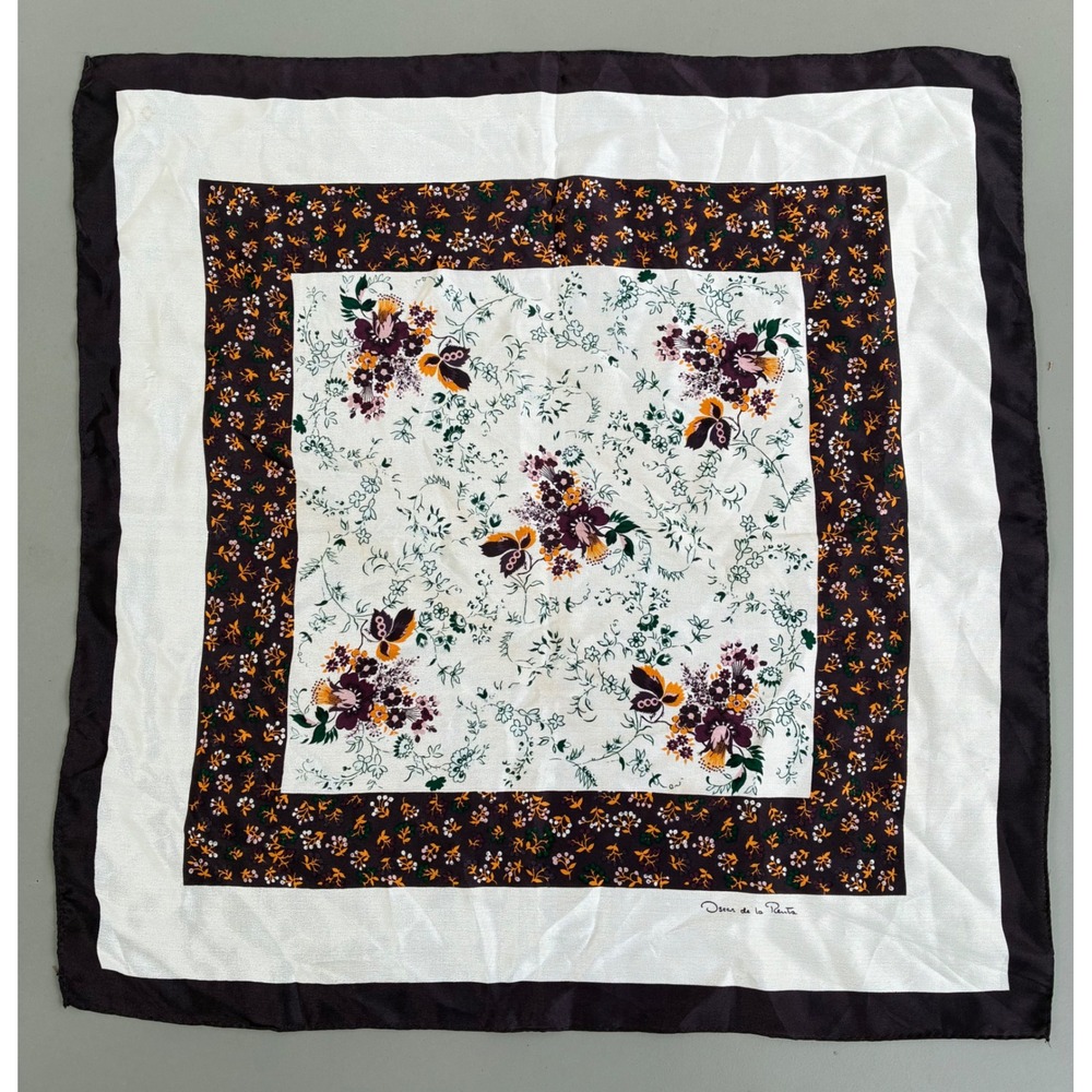 Oscar de la Renta Vintage Floral Silk Square Scarf Plum White Orange 20x20